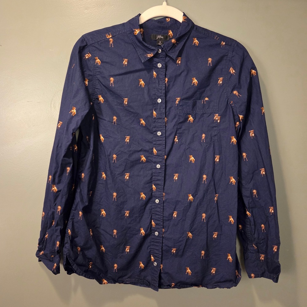 J.Crew Women's 100% Cotton Long Sleeve Button Up Shirt Size 6 Bulldog Print